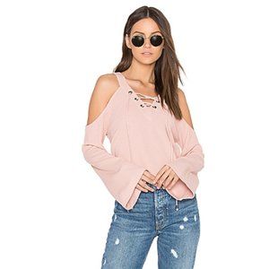 J.O.A. lace front cold shoulder top pink